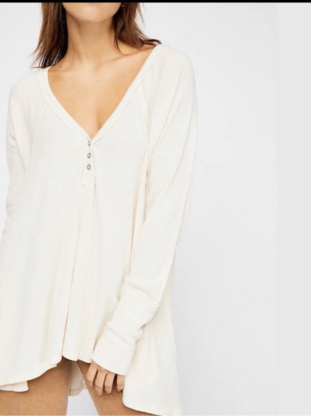 Free People We The Free Thermal Top Tee Tunic LARGE Boho Ivory Flowy